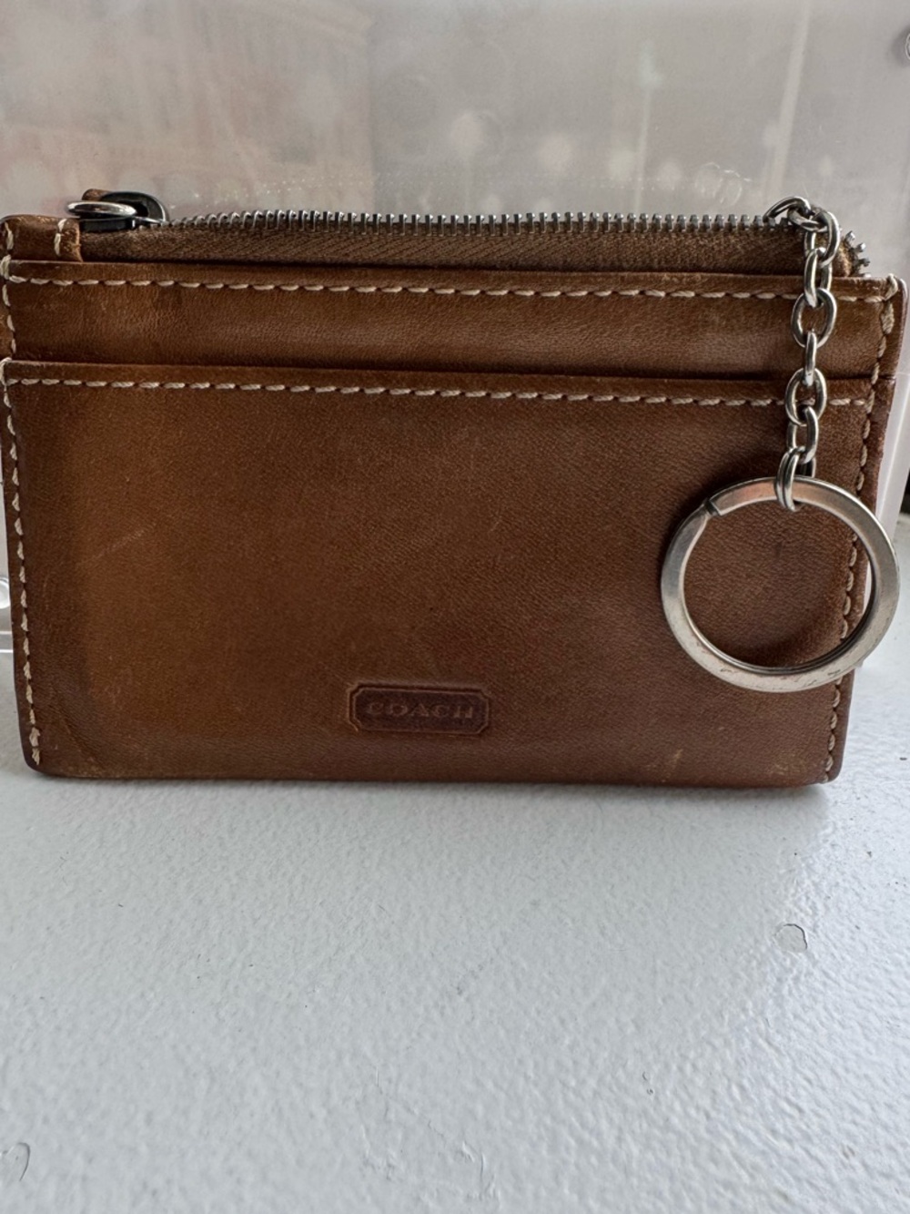 Coach Vintage Tan Leather Zip Card Holder with Key Ring — 4.5” x 3”